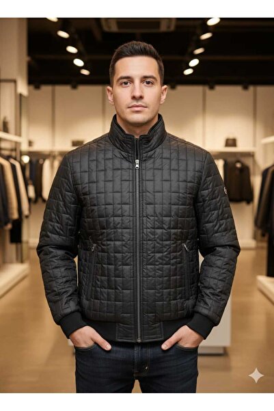 güncüoğlu معطف رياضي رجالي أسود بنمط الطوب مع أكمام وستة خطوط