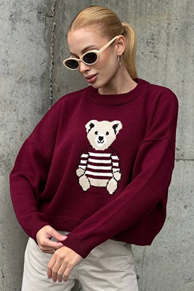 VAGGON Γυναικείο πουλόβερ με λαιμόκοψη μπορντό με τύπωμα πλεκτό πουλόβερ Vs01422