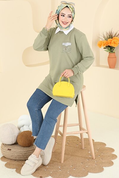 ModaMerve Aksesuar Cep İşlemeli Tunik 104OZN1046-MS Haki