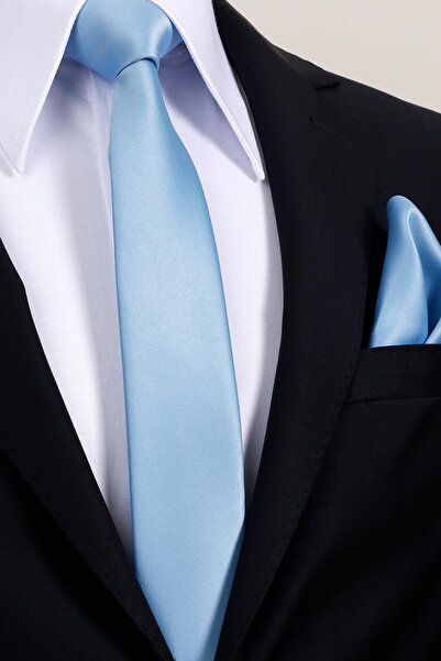 Esgue 6 cm Slim Thin A. Blue Satin Handkerchief Tie – Premium Slim Tie with Special Gift Box