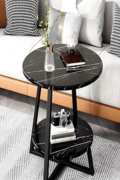 Twinkle Mart End Table, Side Table, Wooden Round Side Table with 2 Storage Shelves, White+Gold, 15.74IN