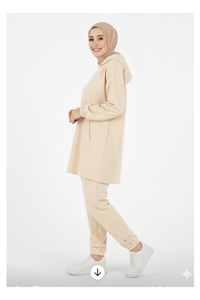 Kırmızı iz Oversize Kapüşonlu Tesettür Eşofman Takımı şalvar pantolonlu teset...