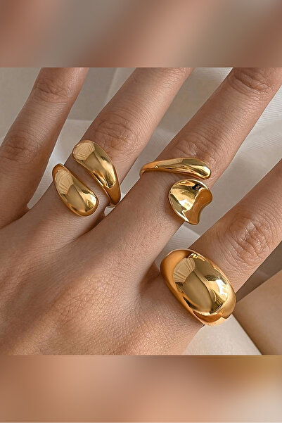 The Collection 3'lü Kombin Su Damlası Formlu Tasarım Gold Yüzük Set