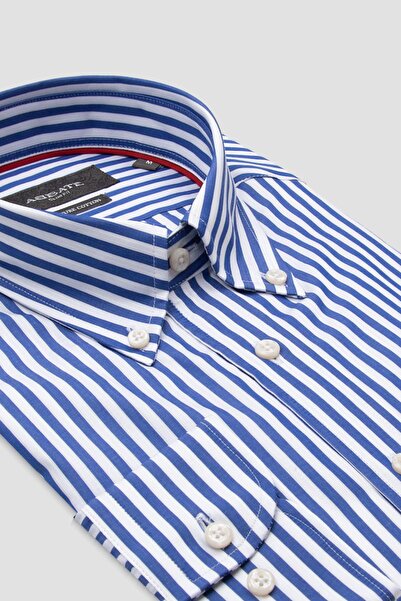 Abbate Carlo Twill Pamuklu Slim Fit Lacivert Düğmeli Yaka Erkek Çizgili Gömlek