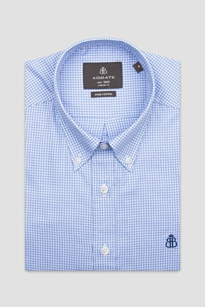 Abbate Luca Poplin Бавовняна Comfort Fit Світло-синя сорочка з ґудзиками на комірі Чоловіча картата сорочка