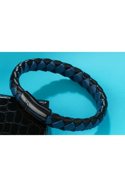 voyageaccessory Mıknatıslı Çelik Klipsli, Günlük ve Business Tarz Lacivert Siyah Örgü Deri Erkek Bileklik