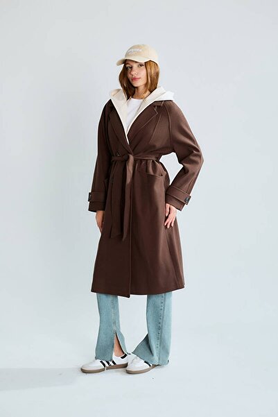 cemo Women's Hooded Belted Buttoned Coat