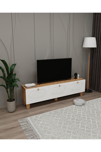 menalART Ağaç Tasarım TV Ünitesi Bohem Çam Tv Sehpası Üç Kapaklı Elegans Beya...