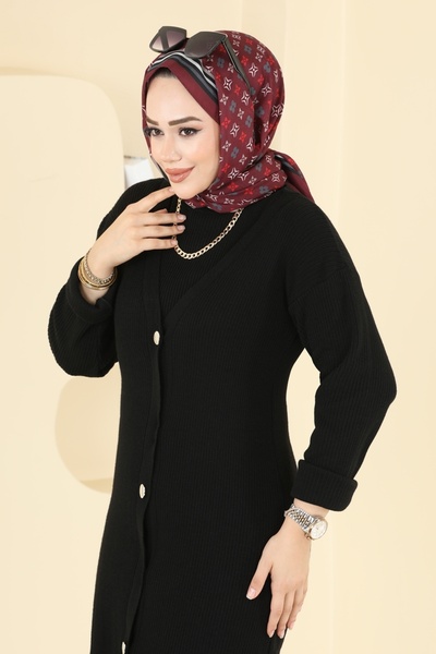 ModaMerve Önden Düğmeli Elbiseli Triko Takım 3080KLB1050-MS Siyah