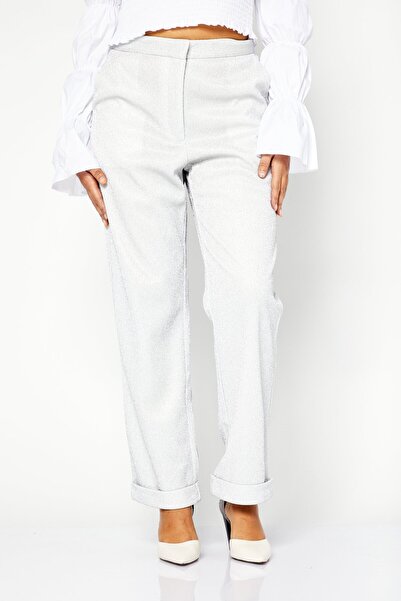 NA-KD Women Regular Fit High Rise Glittered Trouser Pant, Silver