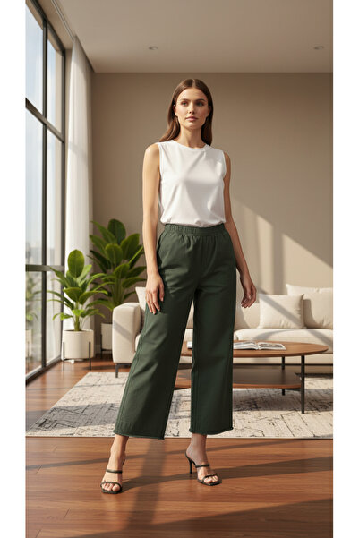 Ozan KOÇ Kadın Beli Lastikli %100 Pamuk Paçası Püsküllü Gabardin Pantolon