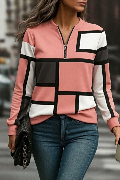 Mossta Zipper Detailed Patterned Fleece-Lined Diver Blouse - Patterned