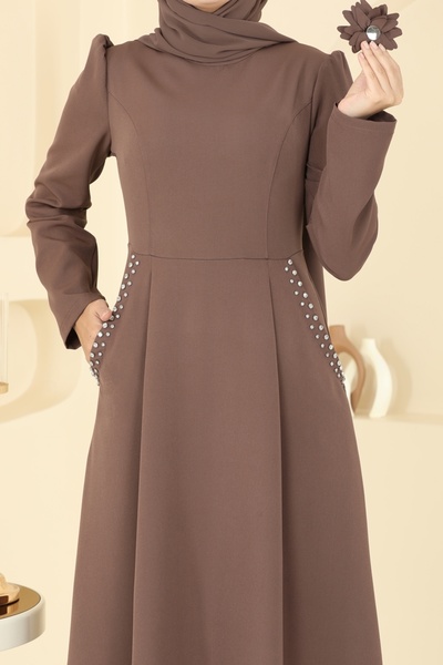 ModaMerve Taş Detay Çiçek Aksesuarlı Elbise 2741SL432-MS Koyu Vizyon