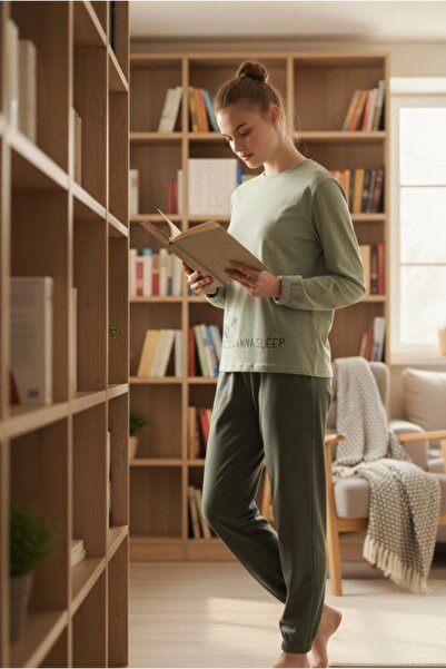 MORRO Khaki Green Mood Written Sports Long Sleeve Elastic Pajama Set