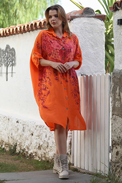 Chiccy Italian Orange Shirt Collar Buttoned Long Sleeve Floral Digital B Printed Linen Woven Dress 108 74
