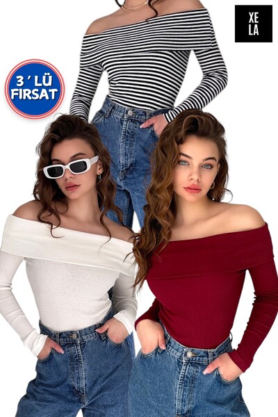 XELA PACHET DE 3 - PULOVER MADONNA CU GULER CU MANELE LUNGHE tricotaj cu stri...