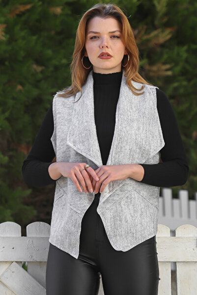 Chiccy Сірий меланжевий шарф з коміром без рукавів, без застібки, повсякденний, з фетру, тканий жилет 65 60