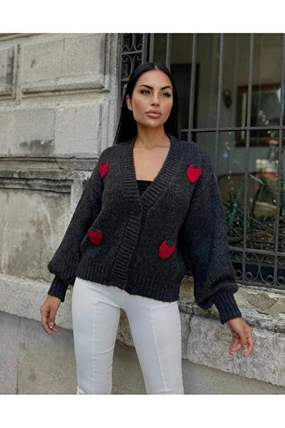 NOTCHTR Women's Oversized Strawberry Knit Buttonless Balloon Sleeve Special Design Knitwear Cardigan