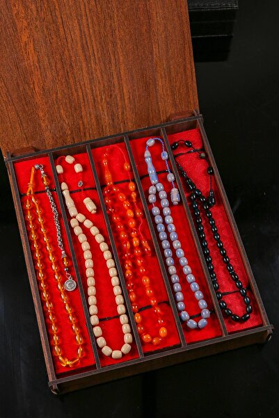 TESBİHKENTİ Ahşap Kutusunda Usta İşçilikli 5'Lİ Bilek Sıkma Kehribar Set