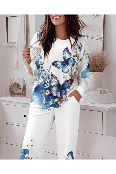 MODA Women's Long Sleeve Crew Neck Butterfly Print Two Thread Bottom Top Set