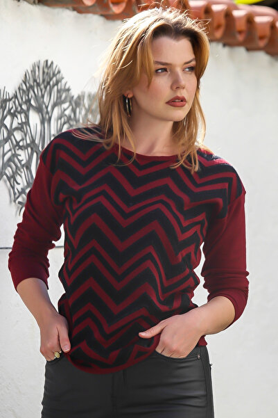 Chiccy Bordo Kayık Yaka Uzun Kol Zigzag Desenli Casual Triko Kazak 65 60