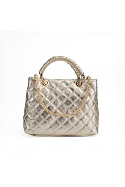 Posete Fagaras Mini Georgie Leather Purse - Gold, 3 Compartments, 3 Pockets, Adjustable Strap