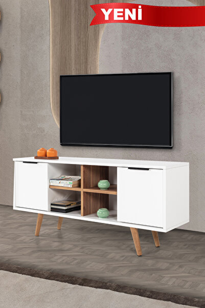 Evmo Home 3318 Sina 130 Cm ( AHŞAP AYAKLI , METAL KULPLU ) TV Ünitesi , Beyaz...