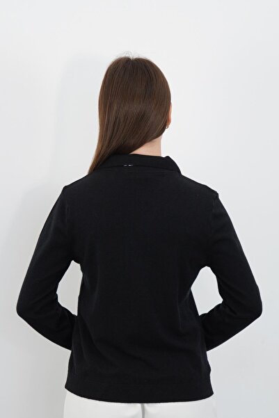 penyebizden Tricotaj cu mânecă lungă cu guler polo și eșarfă-negru