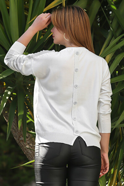 Chiccy Ecru Round Neck Long Sleeve Buttoned Back Stoned Casual Knitwear Sweater 65 60