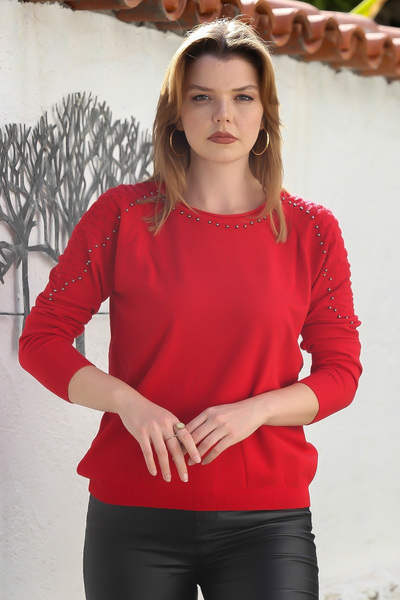 Chiccy Red Pool Collar Long Sleeve Trock Casual Openwork Knit Sweater 65 60