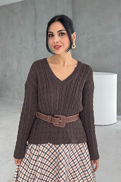 Seda Yalçın Atelier Плетен пуловер с V-образно деколте, коса и кафе