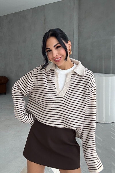 Seda Yalçın Atelier Stone Striped Polo Neck Knit Sweater