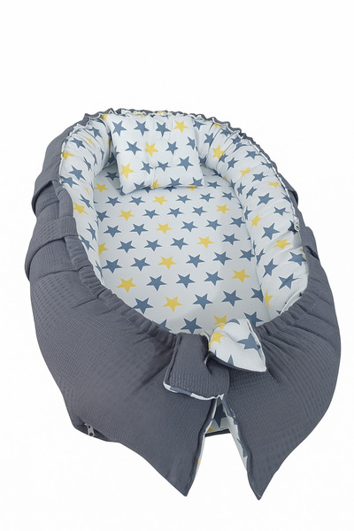 Jaju Baby İndigo waffle Ve Yıldız Kumaş Tasarım Jaju-babynest Anne Yanı Bebek...