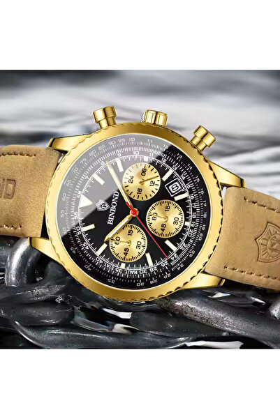BINBOND Ανδρικό Ρολόι Quartz Fashion Αναλογικό Κομψό Δέρμα Καφέ Χρυσό Μαύρο