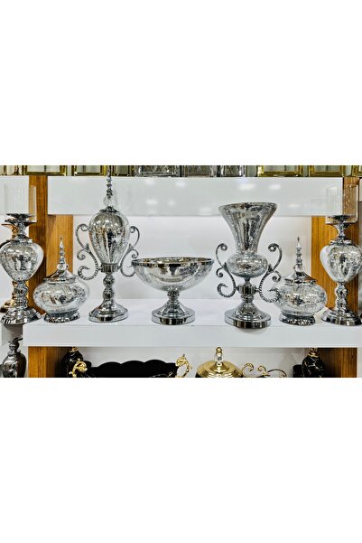 EVRA 7 Parça Gümüş Renk Kırık Cam Desenli Cam Salon Konsol Takımı