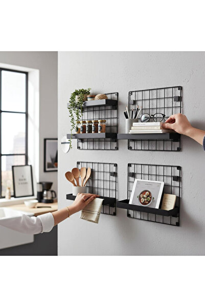 decorelax 4 قطع من لوحات الحائط المصنوعة من السلك الخيزراني المزخرف مقاس 33 × 33 مع 8 أرفف باللون الأسود