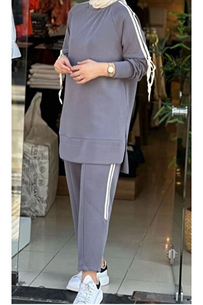 Butik modal yanları çizgili tesettür takım gri