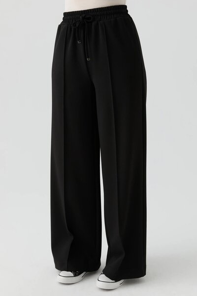 Tuğba Bel Lastikli Nervürlü Örme Pantolon - Siyah