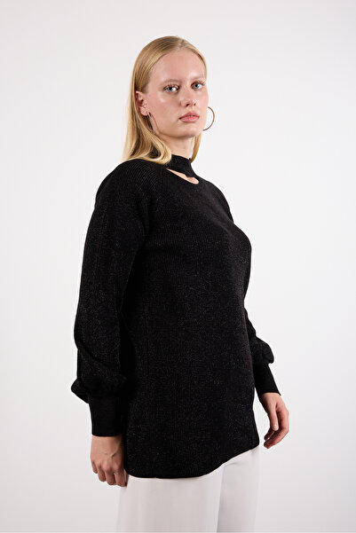 Moda Days Women's Black Raglan Balloon Sleeve Choker Neck Glitter Knit Sweater