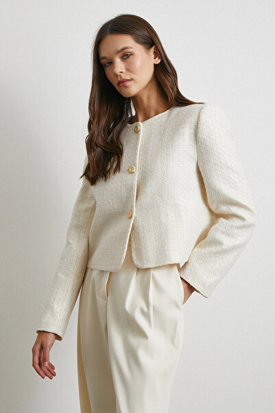 Never more Koton Buttoned Long Sleeve Jacket Ecru