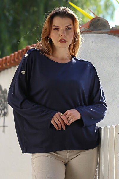 Chiccy Італійський синій светр з коміром-стійкою, довгими рукавами та ґудзиками, оверсайз, трикотажний, 72 78