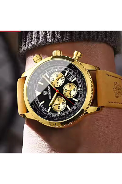 BINBOND Ανδρικό Ρολόι Quartz Fashion Αναλογικό Κομψό Δέρμα Καφέ Χρυσό Μαύρο