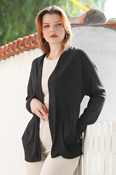 Chiccy Italian Black Collarless Long Sleeve Open Casual Knitwear Cardigan with Pockets 67 72