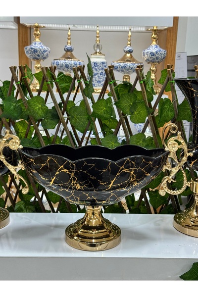 EVRA 7 Parça Siyah Mermer Desenli Cam Salon Aksesuar Konsol Takımı