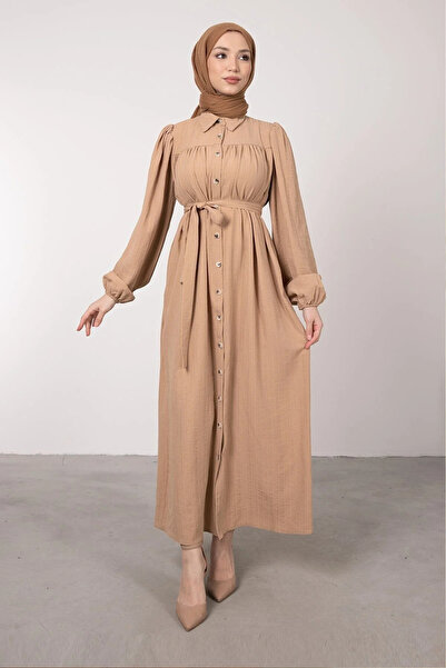 Tesettür Diyarı Υφασμάτινο Φόρεμα Χιτζάμπ με Κουμπιά σε Όλο το Μήκος - Βιζόν