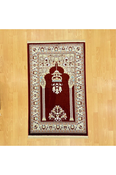 MEVLANA BAZAAR سجادة صلاة من الصوف ذات تصميم تقليدي باللون الأحمر الداكن