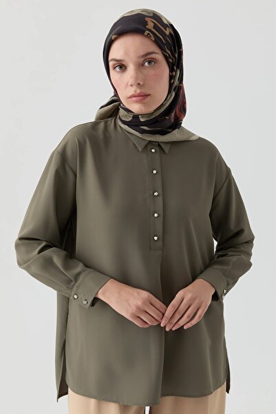Tuğba Yırtmaçlı Asimetrik Bluz - Haki