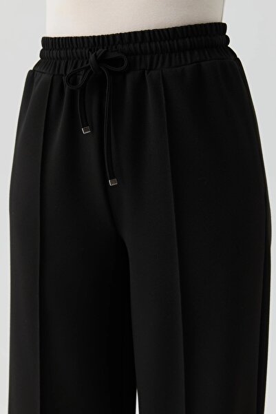 Tuğba Bel Lastikli Nervürlü Örme Pantolon - Siyah