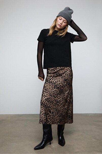 Stradivarius Saten Yüzeyli Midi Etek