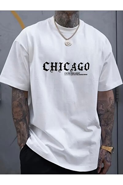 FUFLUNS Chicago Printed Oversize Men's Crop Neck T-Shirt